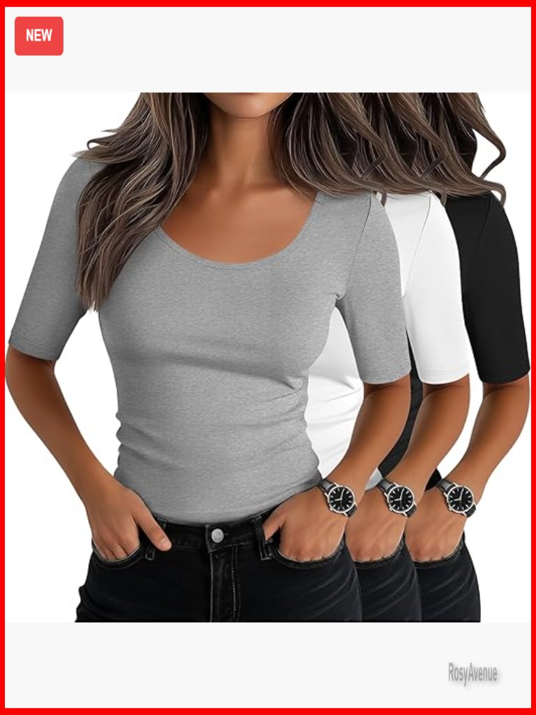 Scoop Neck Half Sleeve T-Shirt 3-Pack Slim Fit Cotton Stretchy Tees Basic